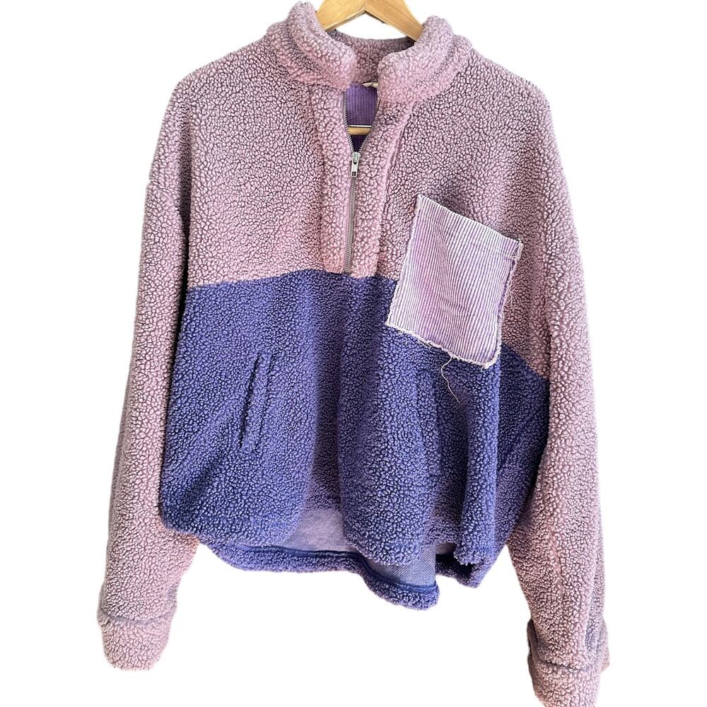 Pol | Purple Colorblock Oversized Sherpa Half Zip with Corduroy Pocket | Large